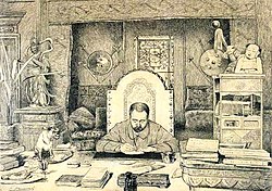 Emile ZOLA 0 SA TABLE DE TRAVAIL6 Eau forte de Fernand Desmoulin, 1887. Source wikipedia.