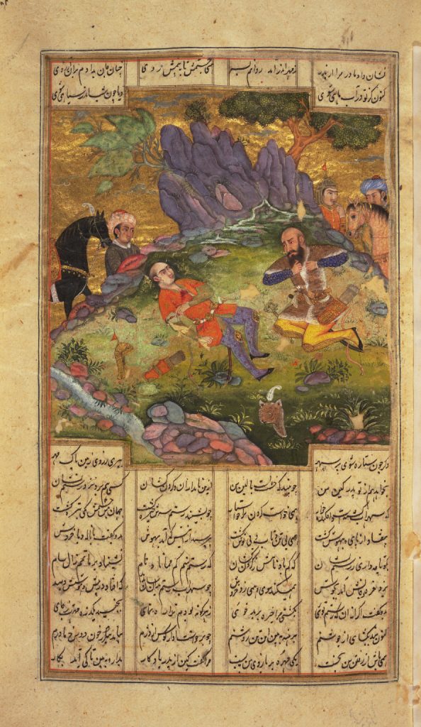 Rostam se lamente sur le corps de Sohrâb - Enluminure persane- source wikipedia