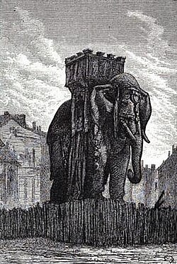 Elephant de La Bastille- servant d'abri à Gavroche- illustration de G.Brion - source wikipedia